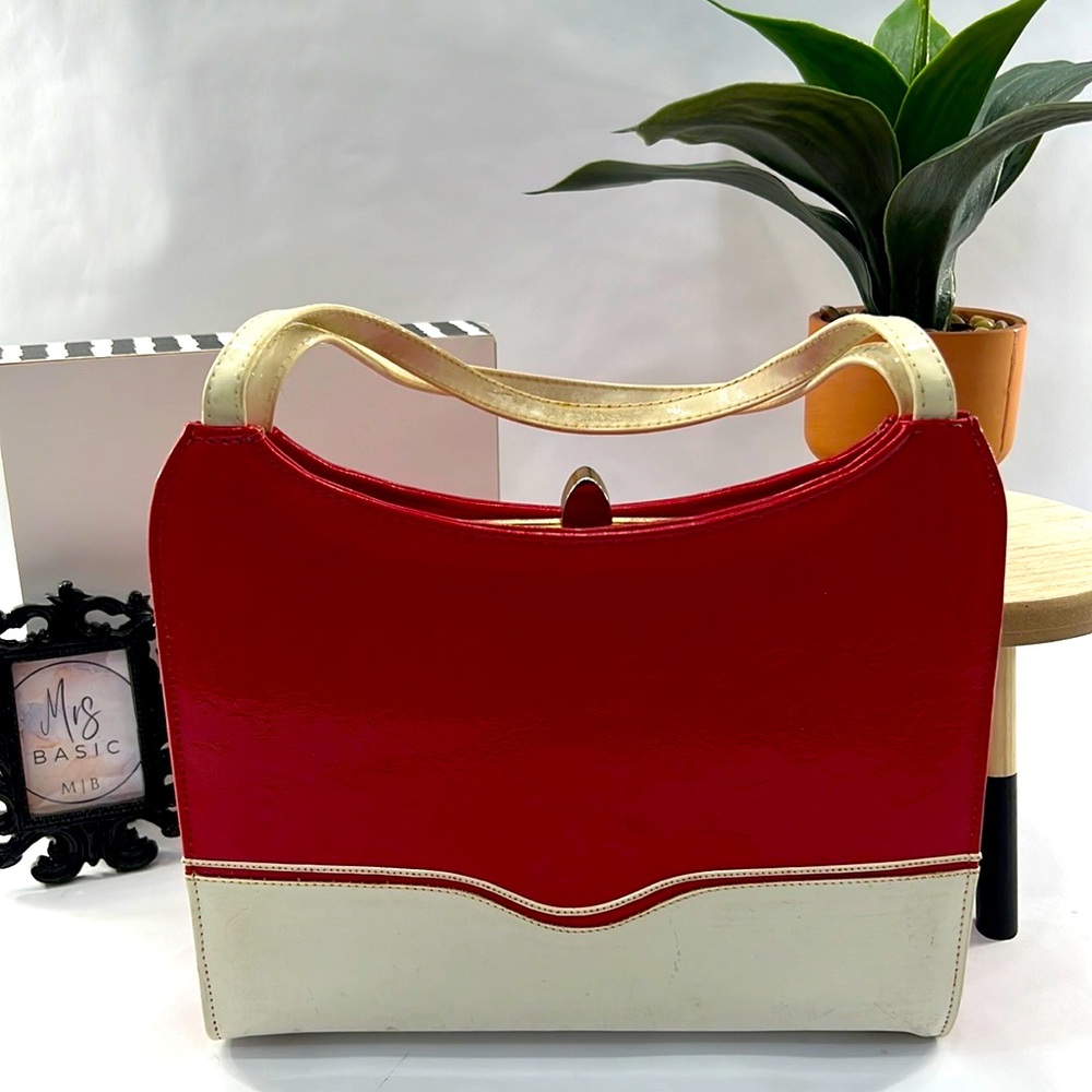 Vintage Retro Red and White Patent Leather Handbag